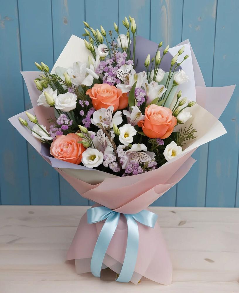 Букет цветов из: Лизиантусы, Розы, Альстромерии и Гипсофила в Вавож